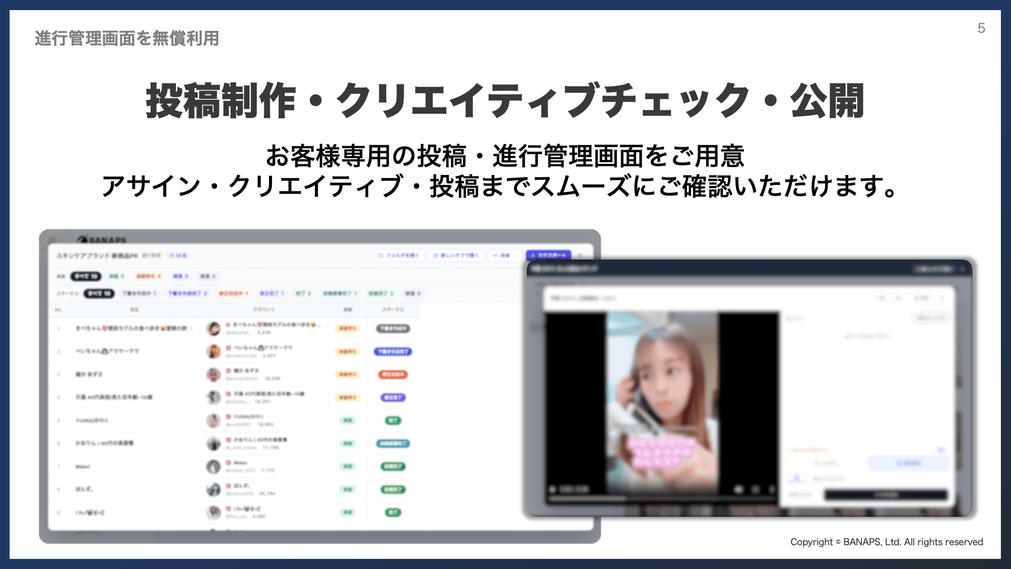 進行管理画面を無償利用。投稿制作・クリエイティブチェック・公開までを一覧で確認できる管理画面の様子