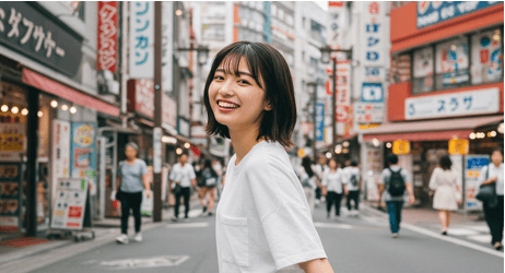 繁華街を歩くモデル